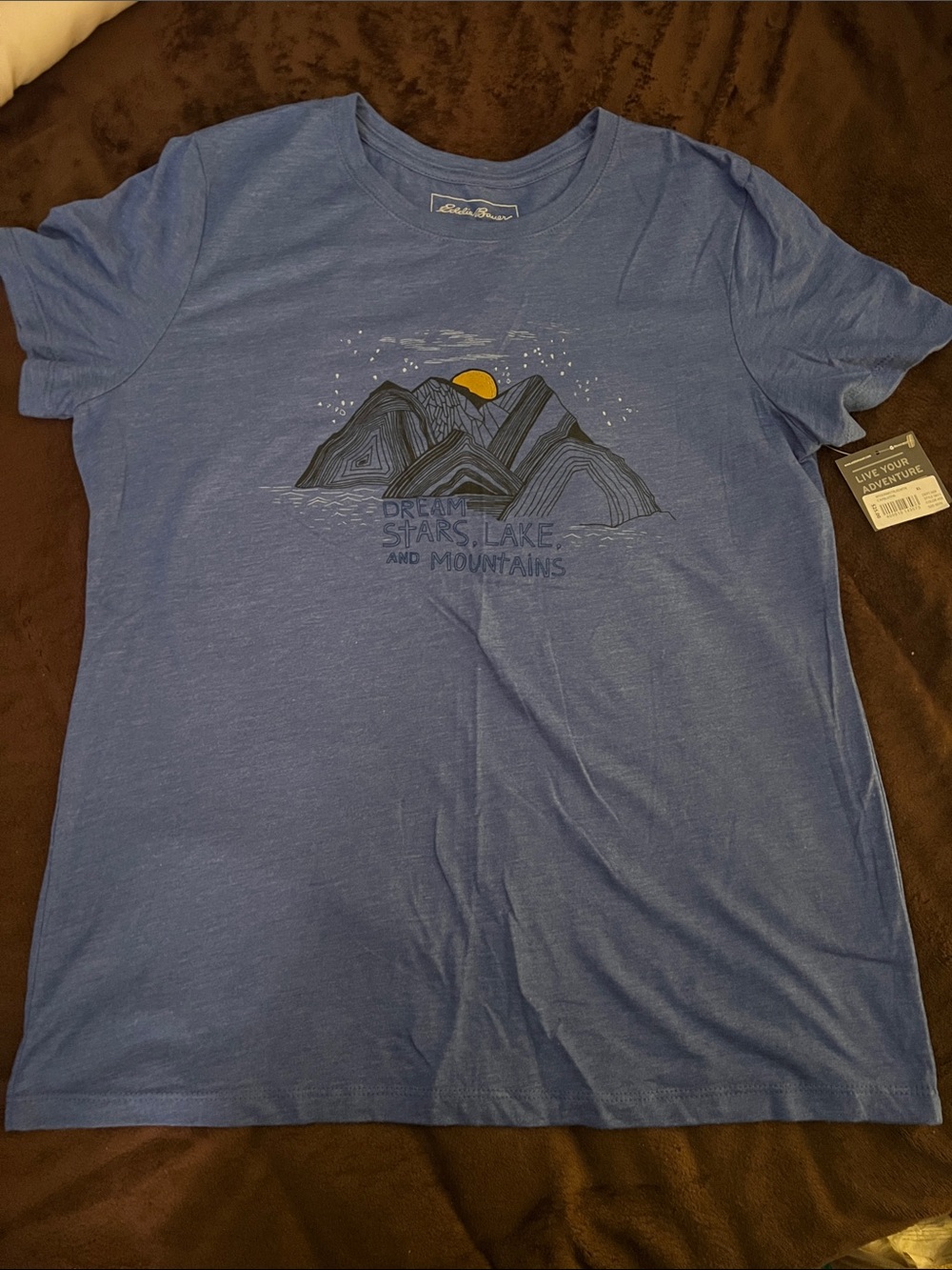 Eddie Bauer Blue Short Sleeve Tee with Graphic Mountain and Yellow Sun